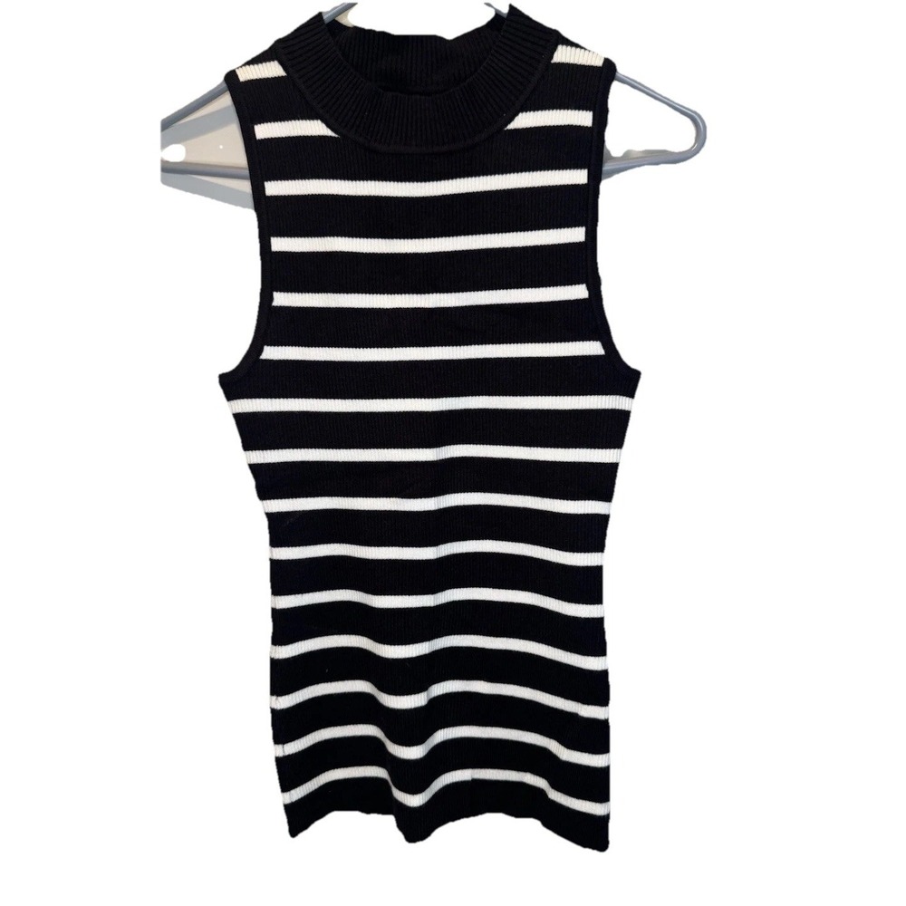 Black White Striped Ribbed Sleeveless Stripe Mockneck Womens Sweater L NEW